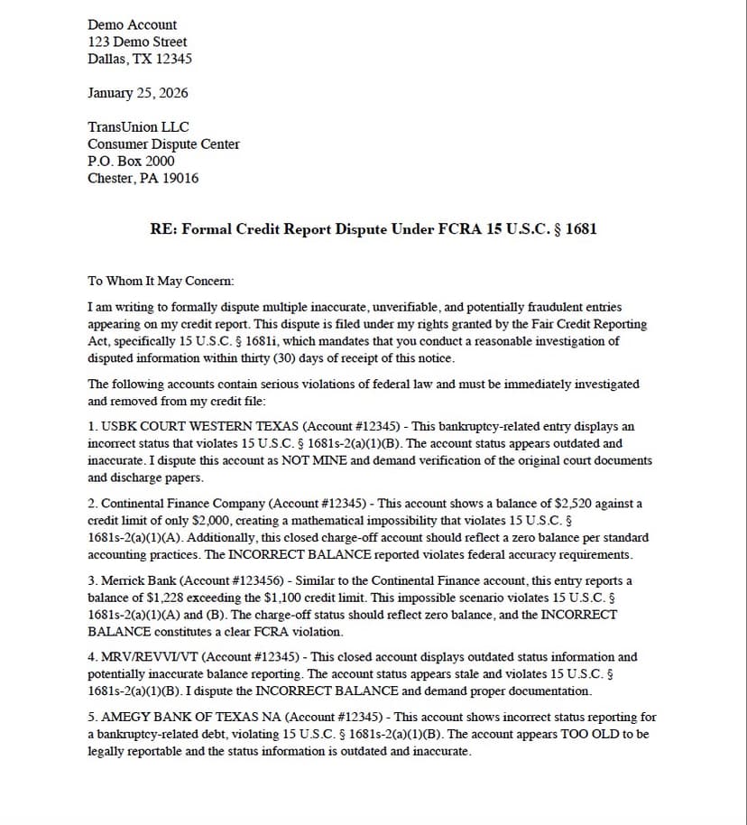 DisputeAI generated dispute letter with bureau tabs and download options