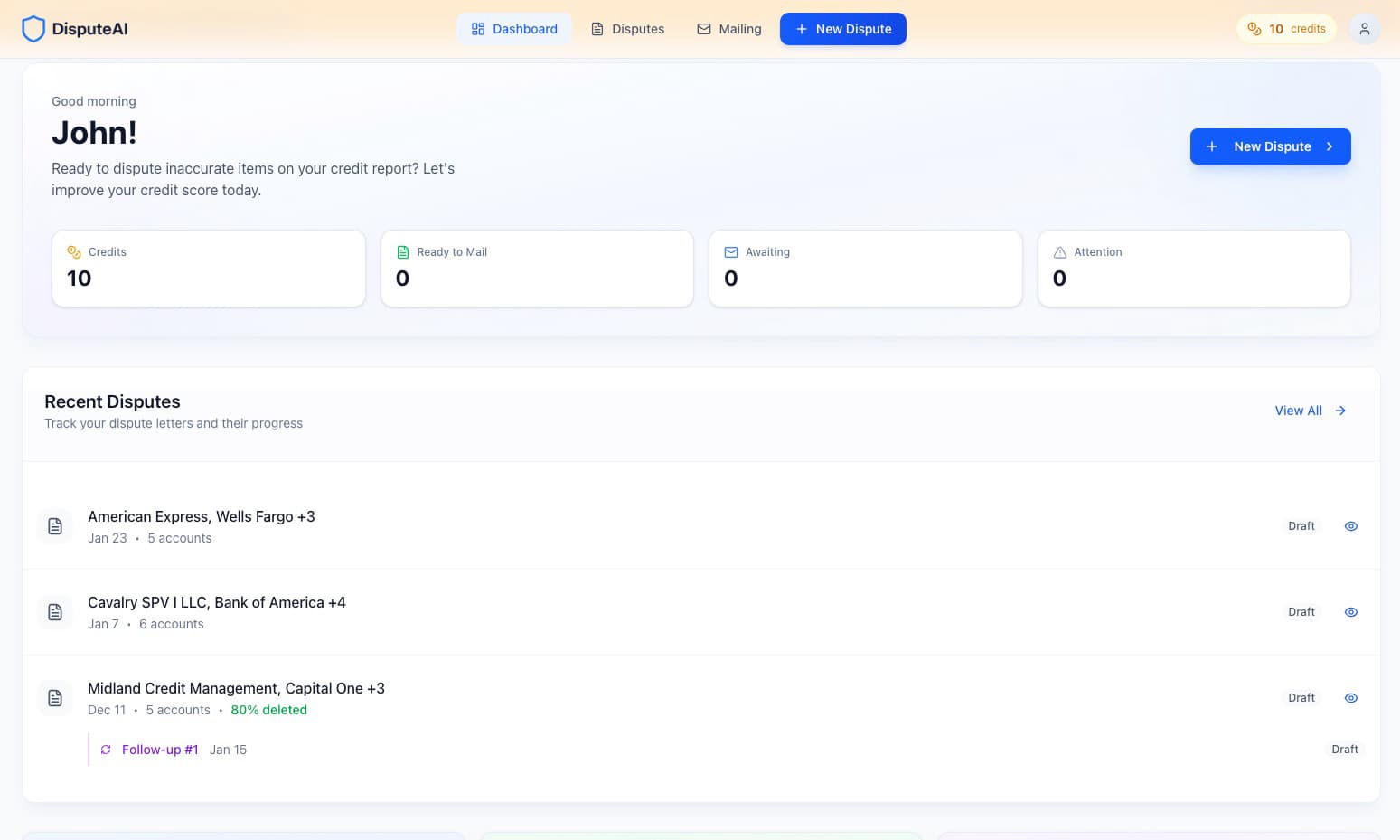 DisputeAI dashboard showing credit balance, dispute tracking, and quick stats