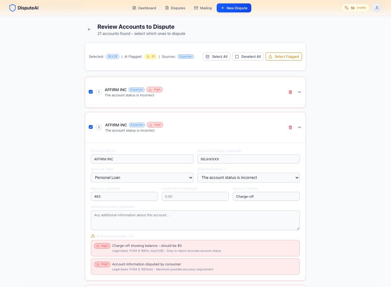 DisputeAI AI analysis showing extracted accounts with severity badges and dispute reason selection